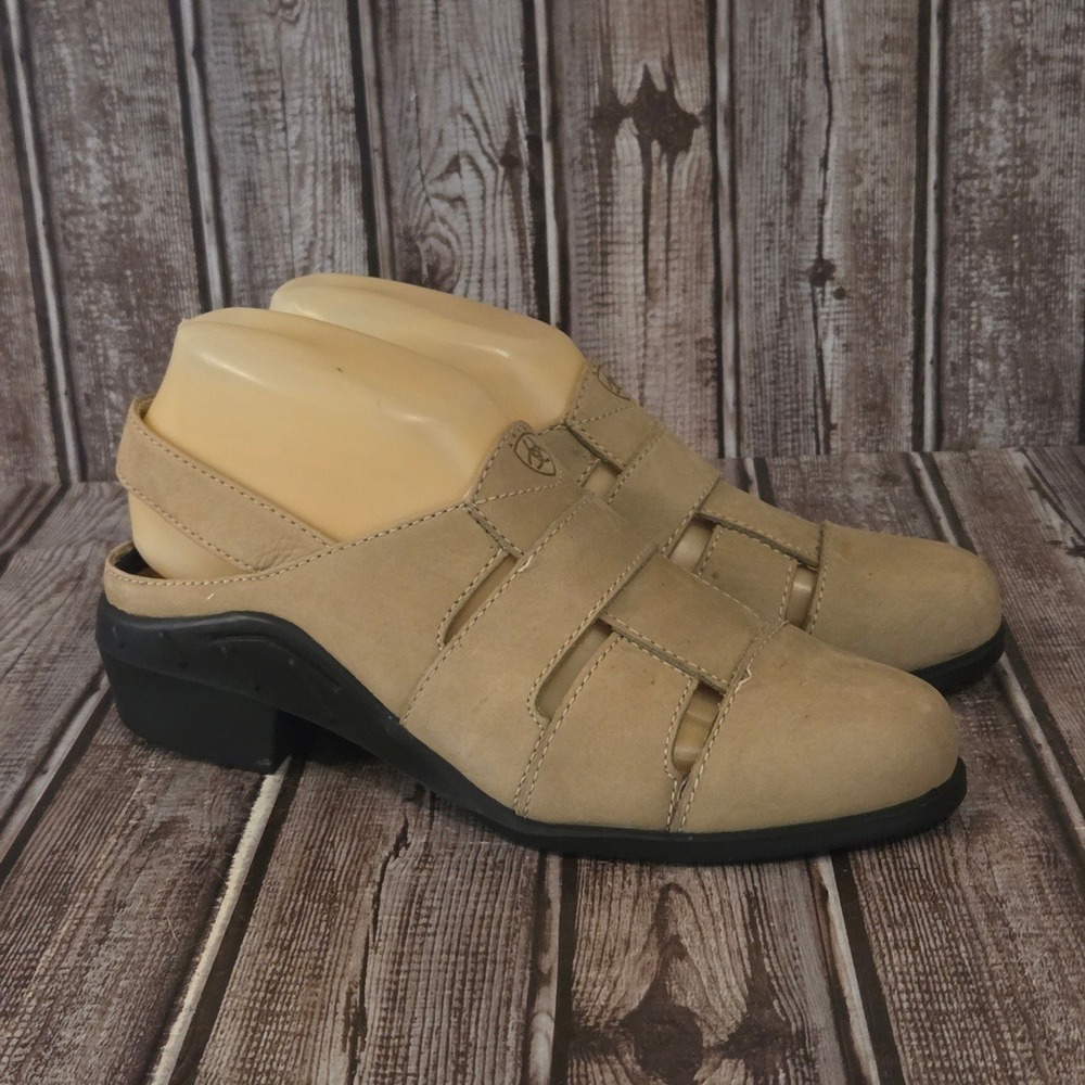 Sz 6 M Womens Ariat Tan Nubuck Leather Cage Clogs Slingback Mules Block Heel - Picture 3 of 7